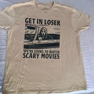 Ghost face Tee shirt Tan Black Graphic Scary Movie Car Loser Horror Fan Large